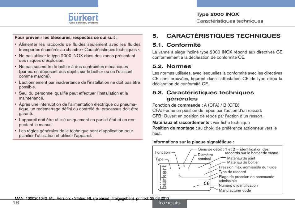 Caractéristiques techniques | Burkert Type 2000 User Manual | Page 18 / 24