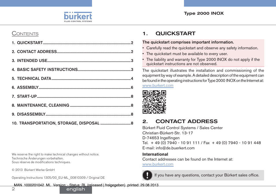 English | Burkert Type 2000 User Manual | Page 2 / 24