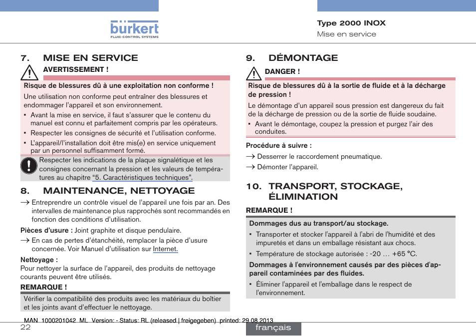 Mise en service, Maintenance, nettoyage, Démontage | Transport, stockage, élimination | Burkert Type 2000 User Manual | Page 22 / 24