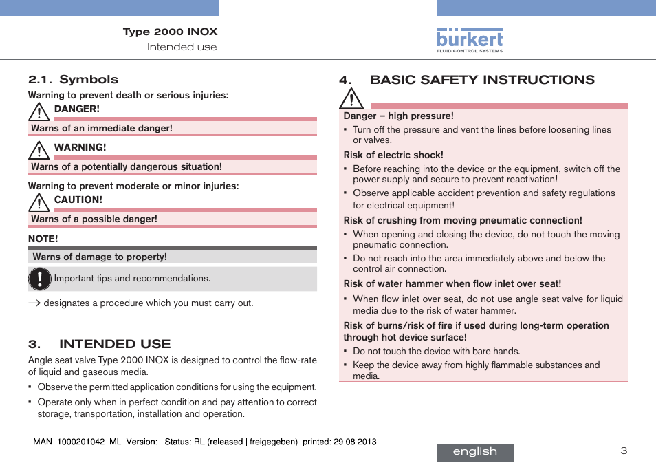Intended use, Basic safety instructions | Burkert Type 2000 User Manual | Page 3 / 24