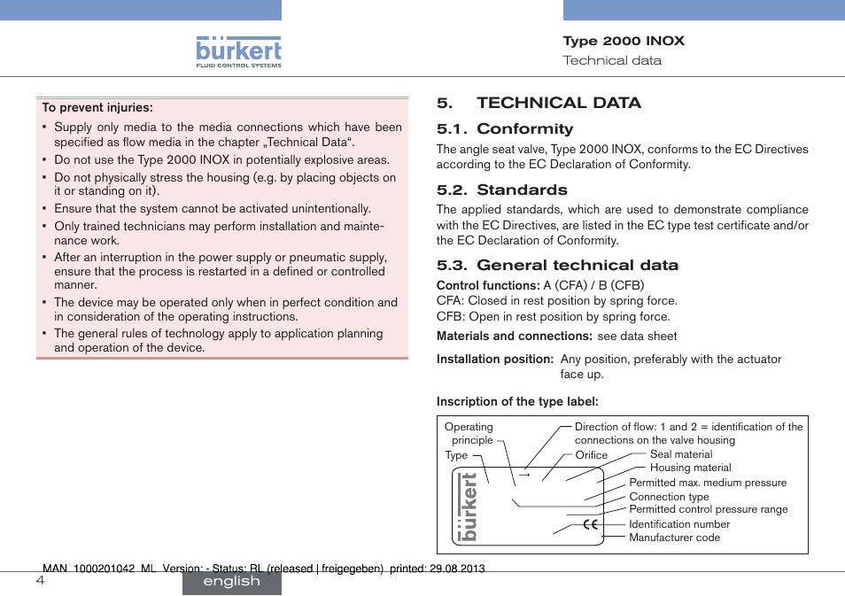 Technical data | Burkert Type 2000 User Manual | Page 4 / 24