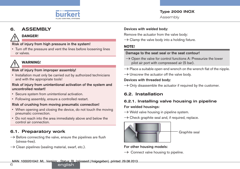 Assembly | Burkert Type 2000 User Manual | Page 6 / 24