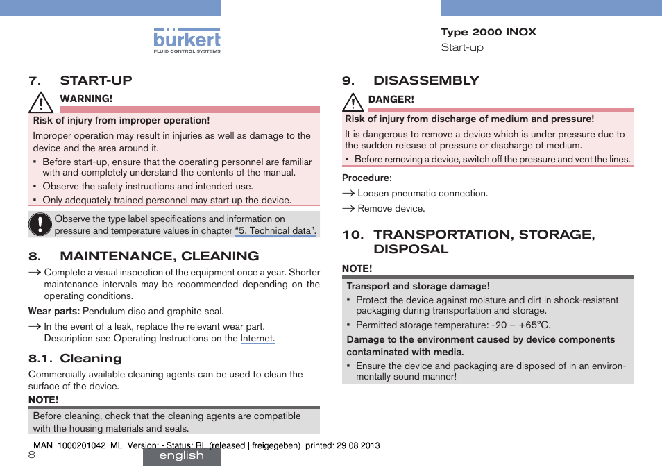 Start-up, Maintenance, cleaning, Disassembly | Transportation, storage, disposal | Burkert Type 2000 User Manual | Page 8 / 24