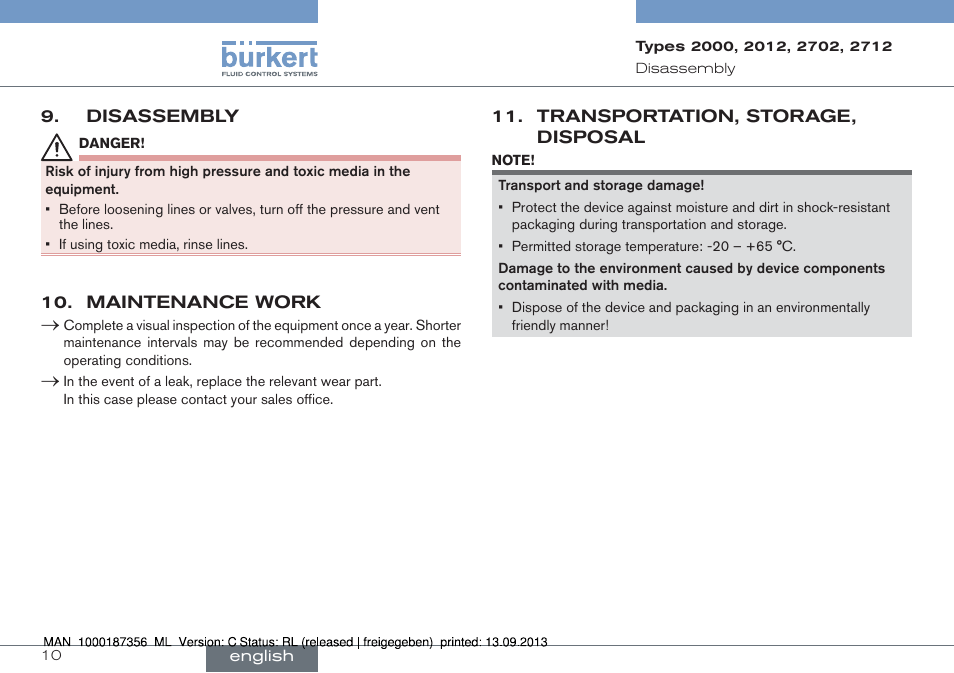 Disassembly, Maintenance work, Transportation, storage, disposal | Burkert Type 2712 User Manual | Page 10 / 28