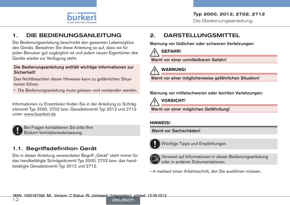 Die bedienungsanleitung, Begriffsdefinition gerät, Darstellungsmittel | Burkert Type 2712 User Manual | Page 12 / 28