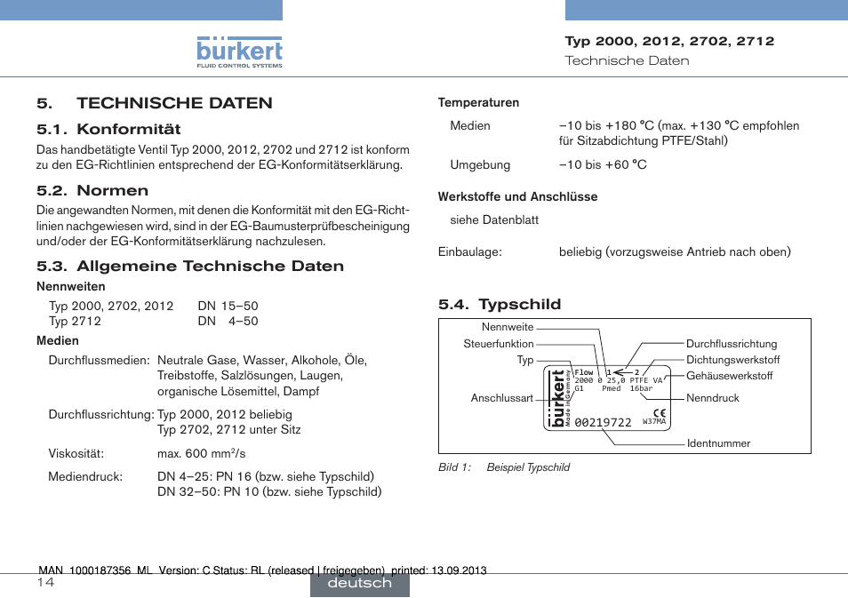 Technische daten | Burkert Type 2712 User Manual | Page 14 / 28