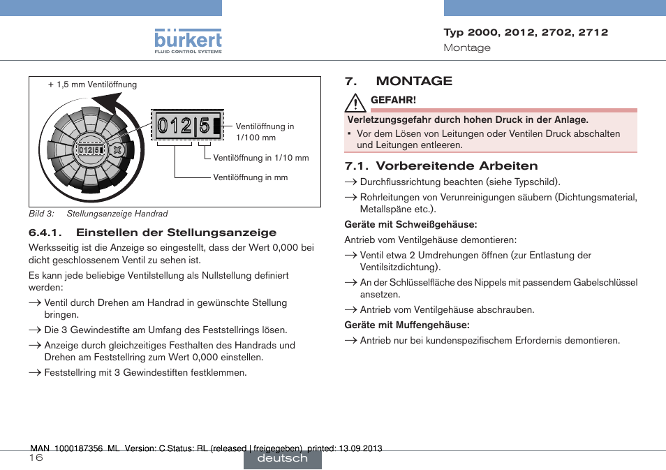 Montage, Vorbereitende arbeiten | Burkert Type 2712 User Manual | Page 16 / 28
