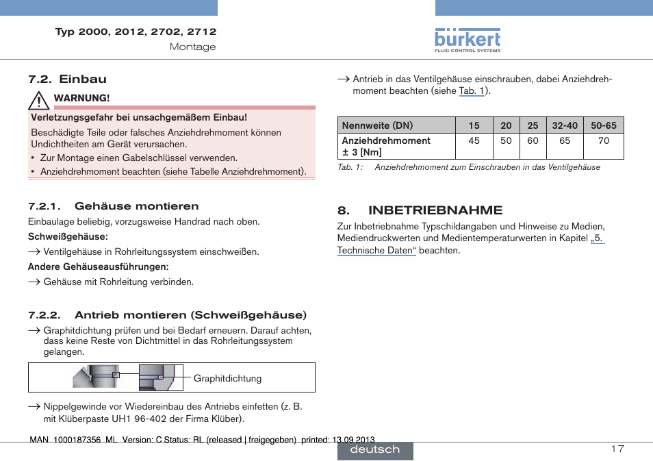 Einbau, Inbetriebnahme | Burkert Type 2712 User Manual | Page 17 / 28