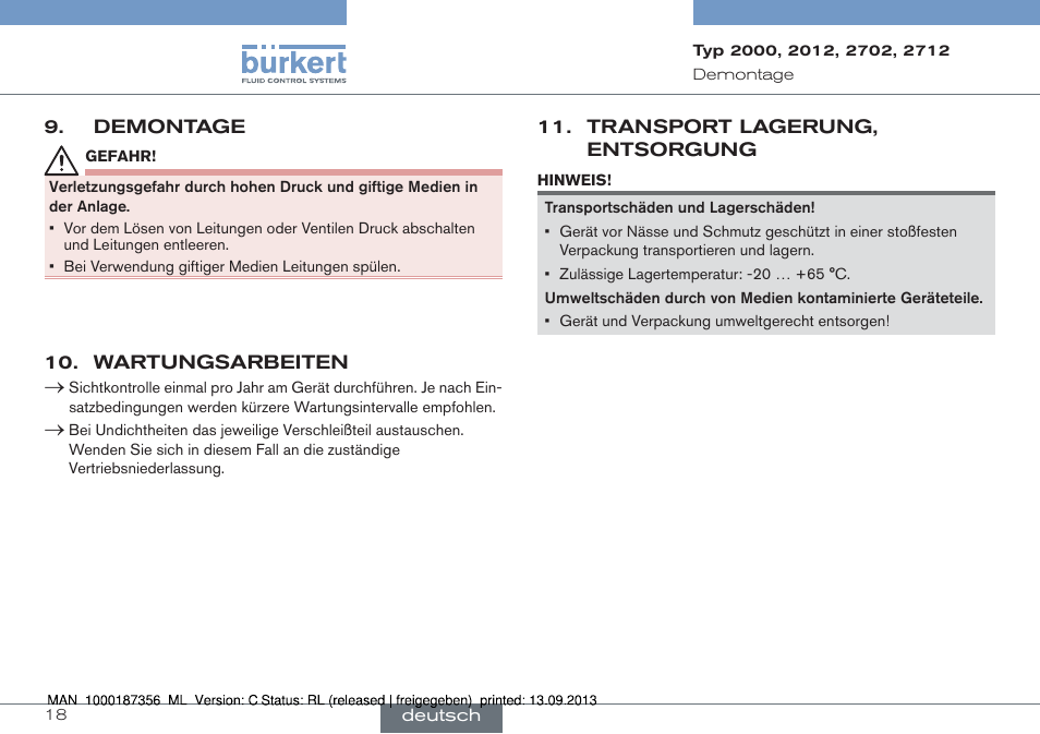 Demontage, Wartungsarbeiten, Transport, lagerung, entsorgung | Burkert Type 2712 User Manual | Page 18 / 28