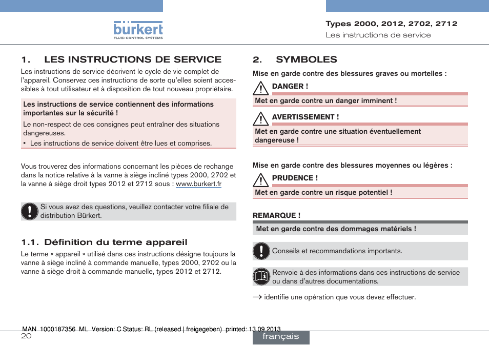 Les instructions de service, Définition du terme appareil, Symboles | Burkert Type 2712 User Manual | Page 20 / 28