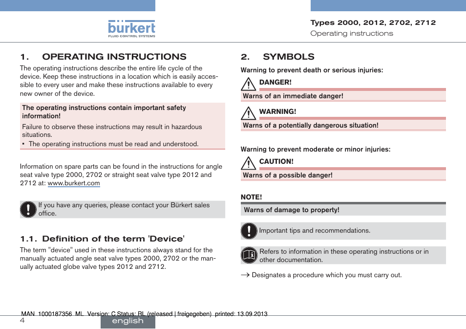 Operating instructions, Definition of the term 'device, Symbols | Burkert Type 2712 User Manual | Page 4 / 28