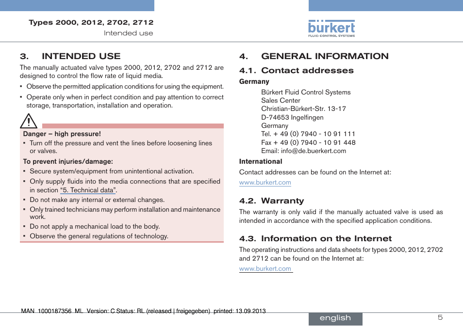 Intended use, General information | Burkert Type 2712 User Manual | Page 5 / 28