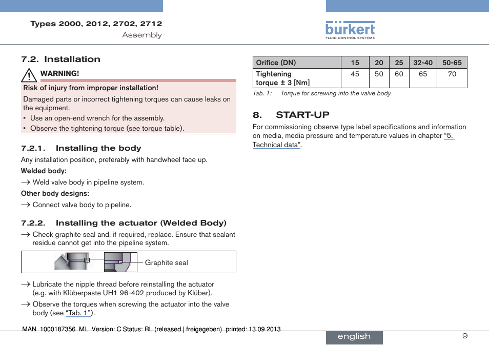 Installation, Start-up | Burkert Type 2712 User Manual | Page 9 / 28