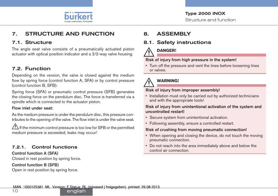Structure and function, Structure 7.2. function, Assembly | Safety instructions | Burkert Type 2000 User Manual | Page 10 / 62