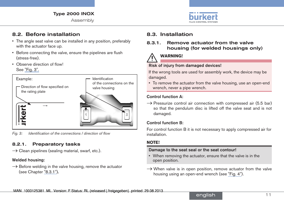 Before installation 8.3. installation | Burkert Type 2000 User Manual | Page 11 / 62