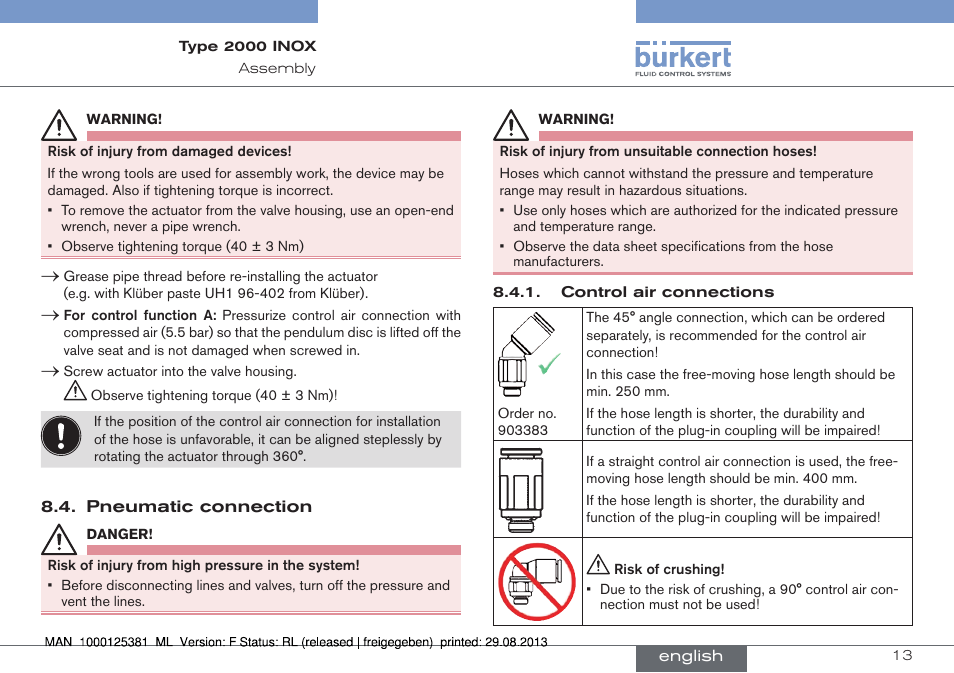 Pneumatic connection | Burkert Type 2000 User Manual | Page 13 / 62