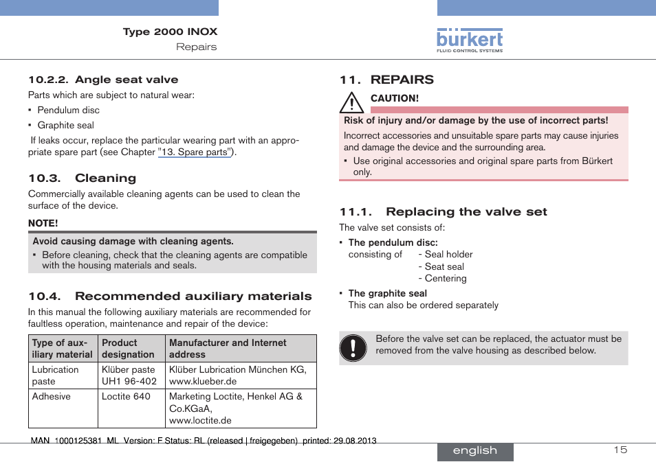 Cleaning 10.4. recommended auxiliary materials, Repairs, Replacing the valve set | Burkert Type 2000 User Manual | Page 15 / 62