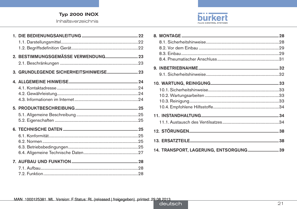 Deutsch | Burkert Type 2000 User Manual | Page 21 / 62