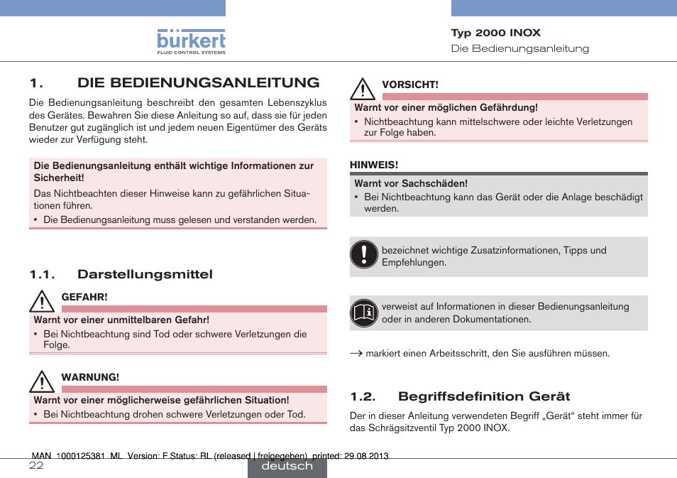 Die bedienungsanleitung, Darstellungsmittel 1.2. begriffsdefinition gerät | Burkert Type 2000 User Manual | Page 22 / 62