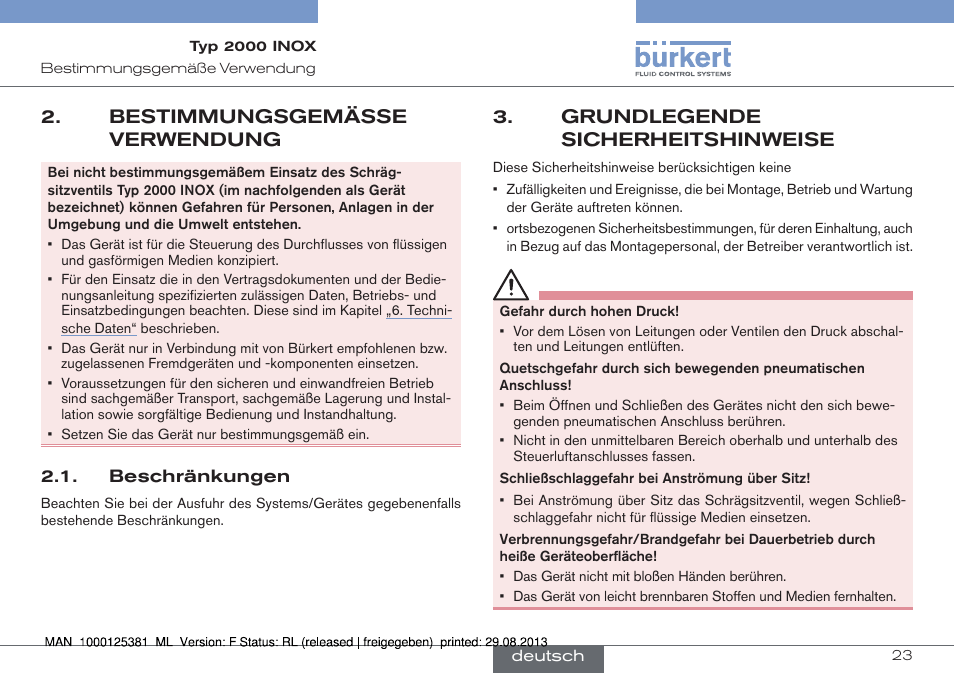 Bestimmungsgemässe verwendung, Beschränkungen, Grundlegende sicherheitshinweise | Burkert Type 2000 User Manual | Page 23 / 62