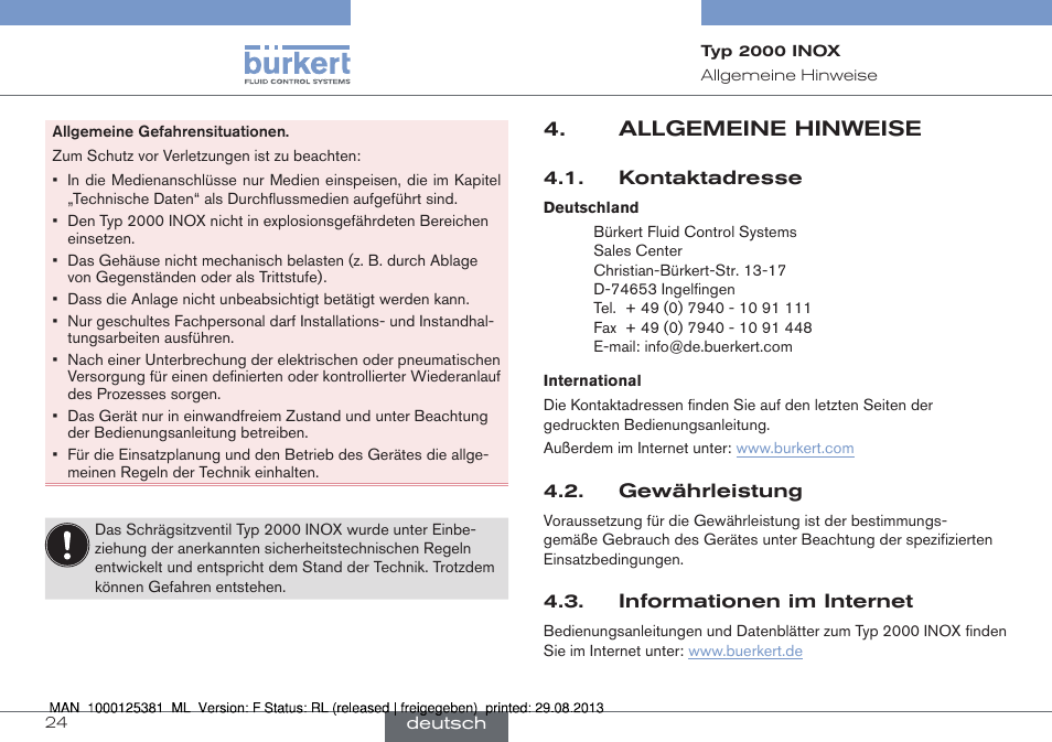 Allgemeine hinweise | Burkert Type 2000 User Manual | Page 24 / 62