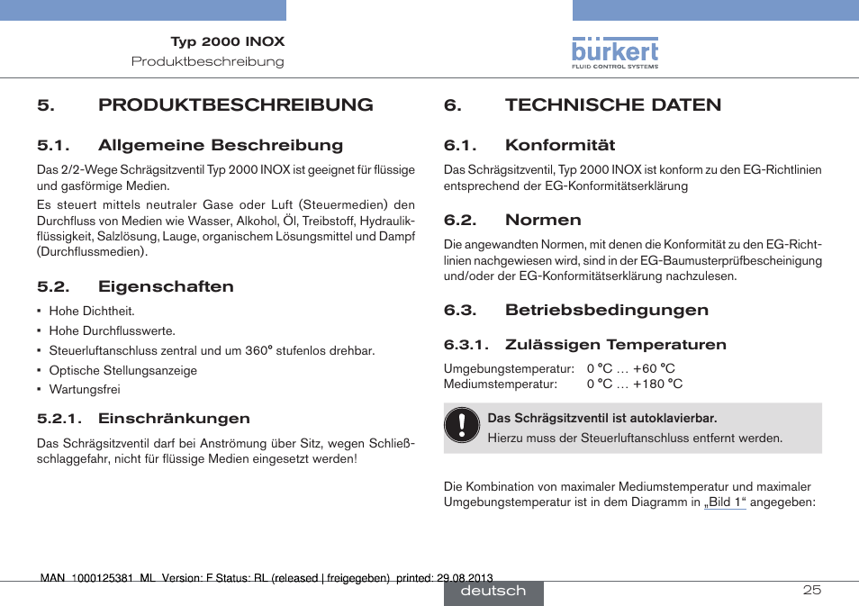 Produktbeschreibung, Allgemeine beschreibung 5.2. eigenschaften, Technische daten | Konformität 6.2. normen 6.3. betriebsbedingungen | Burkert Type 2000 User Manual | Page 25 / 62