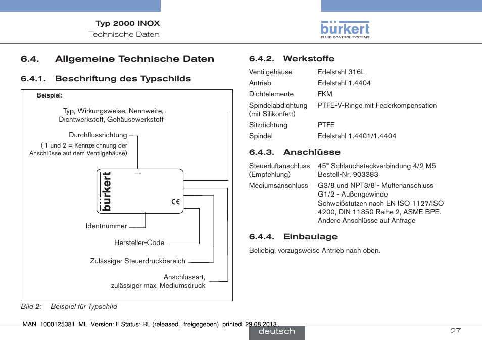 Allgemeine technische daten | Burkert Type 2000 User Manual | Page 27 / 62