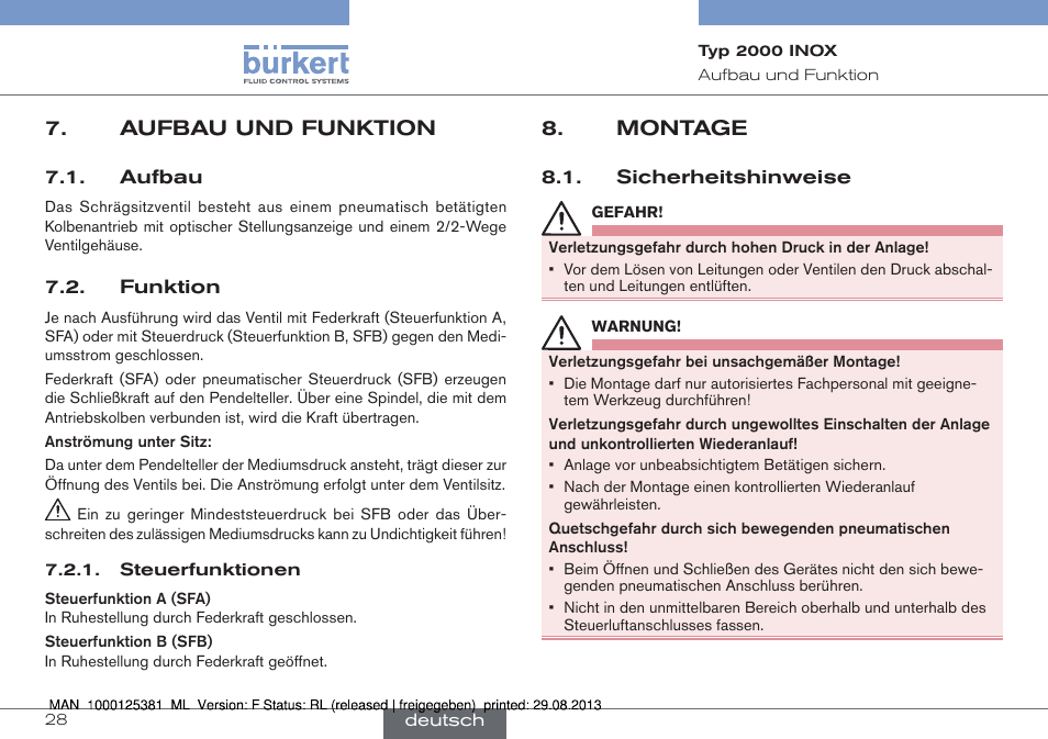 Aufbau und funktion, Aufbau 7.2. funktion, Montage | Sicherheitshinweise | Burkert Type 2000 User Manual | Page 28 / 62