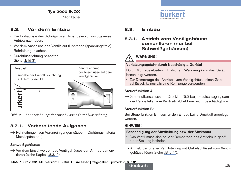 Vor dem einbau 8.3. einbau | Burkert Type 2000 User Manual | Page 29 / 62