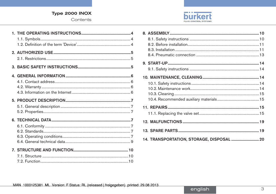 English | Burkert Type 2000 User Manual | Page 3 / 62