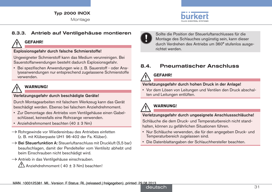 Pneumatischer anschluss | Burkert Type 2000 User Manual | Page 31 / 62