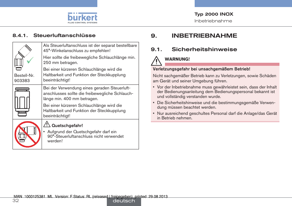 Inbetriebnahme, Sicherheitshinweise | Burkert Type 2000 User Manual | Page 32 / 62