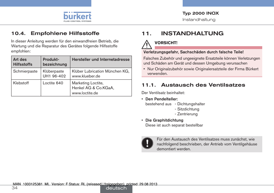Empfohlene hilfsstoffe, Instandhaltung, Austausch des ventilsatzes | Burkert Type 2000 User Manual | Page 34 / 62