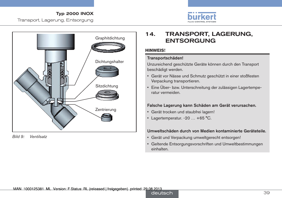 Transport, lagerung, entsorgung | Burkert Type 2000 User Manual | Page 39 / 62