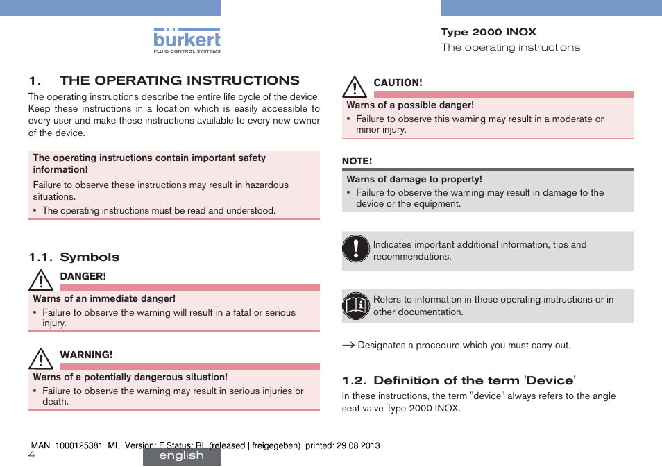 The operating instructions, Symbols 1.2. definition of the term 'device | Burkert Type 2000 User Manual | Page 4 / 62