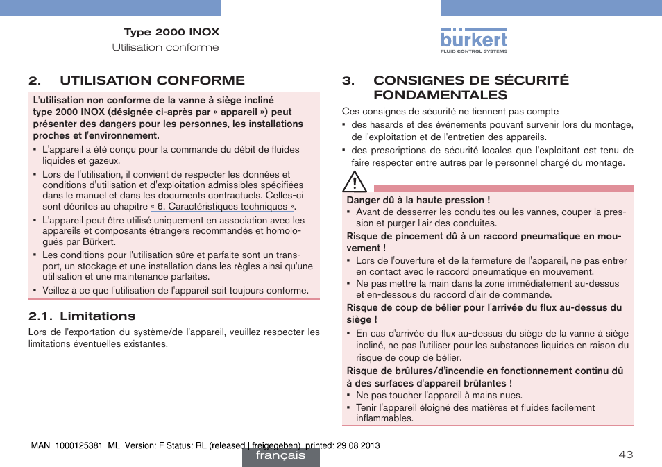 Utilisation conforme, Limitations, Consignes de sécurité fondamentales | Burkert Type 2000 User Manual | Page 43 / 62