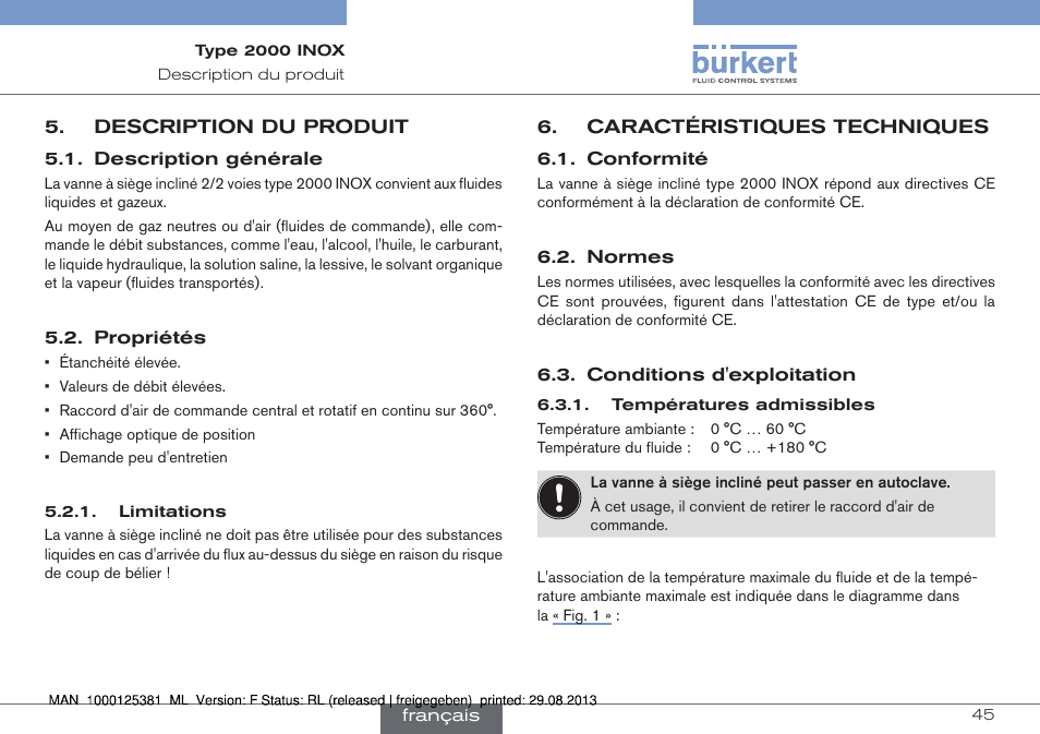 Description du produit, Description générale 5.2. propriétés, Caractéristiques techniques | Burkert Type 2000 User Manual | Page 45 / 62
