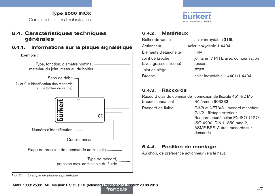 Caractéristiques techniques générales | Burkert Type 2000 User Manual | Page 47 / 62