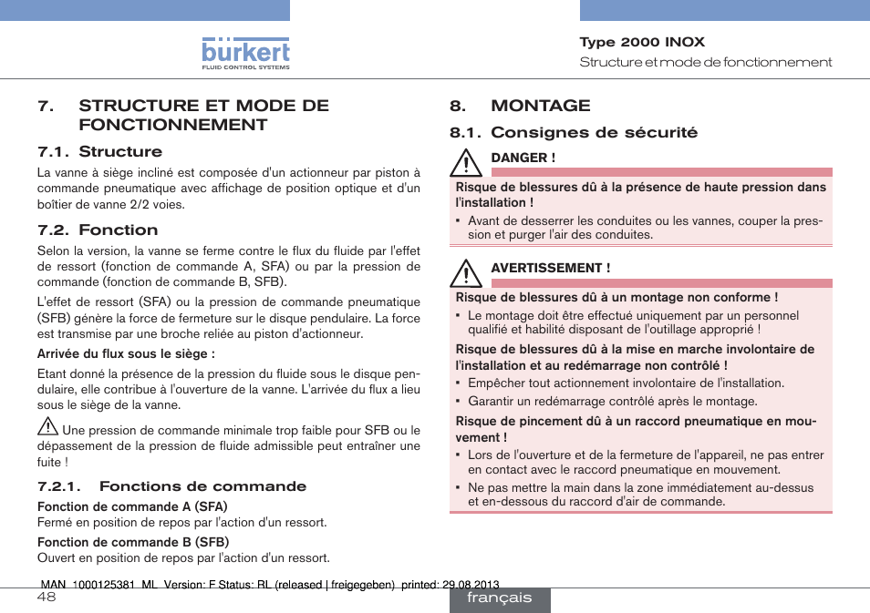 Structure et mode de fonctionnement, Structure 7.2. fonction, Montage | Consignes de sécurité | Burkert Type 2000 User Manual | Page 48 / 62