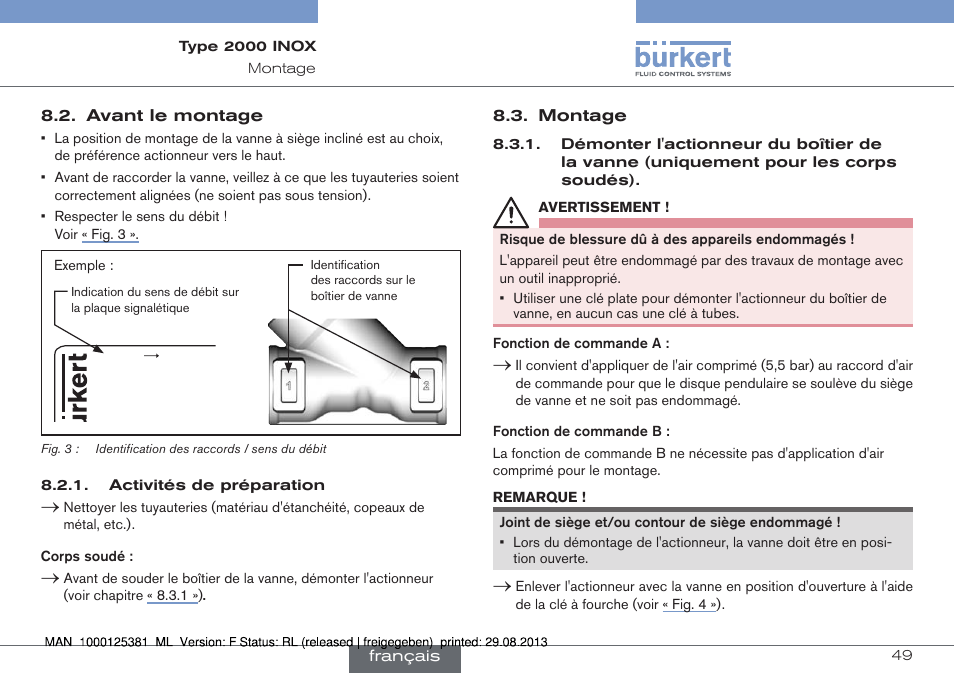 Avant le montage 8.3. montage | Burkert Type 2000 User Manual | Page 49 / 62