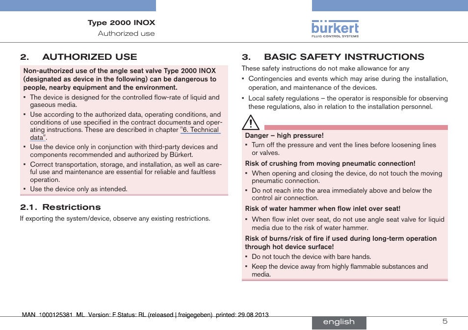 Authorized use, Restrictions, Basic safety instructions | Burkert Type 2000 User Manual | Page 5 / 62