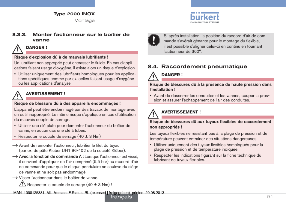 Raccordement pneumatique | Burkert Type 2000 User Manual | Page 51 / 62