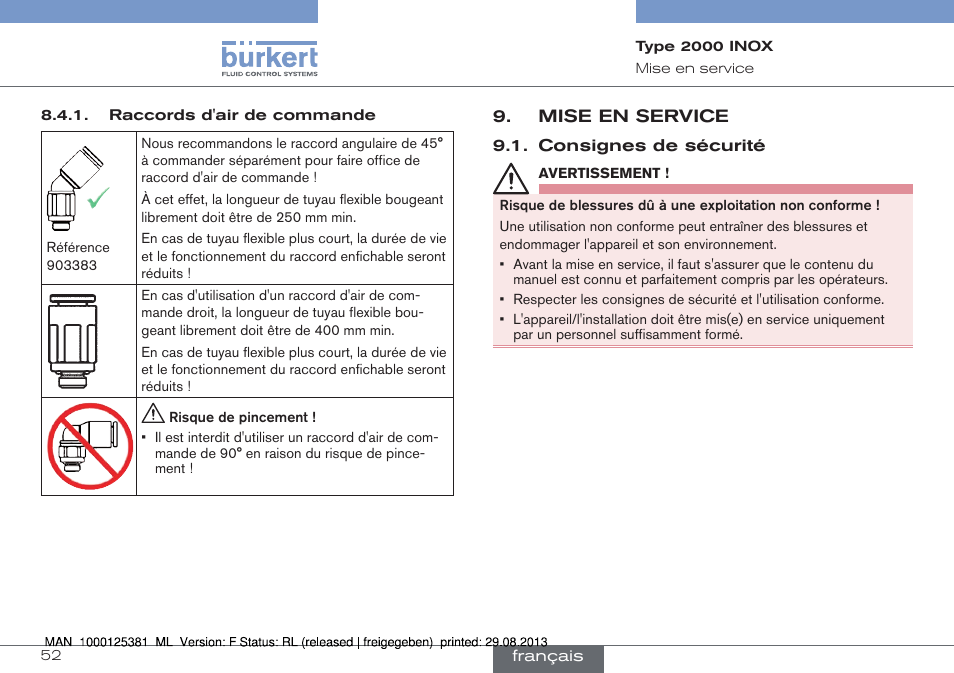 Mise en service, Consignes de sécurité | Burkert Type 2000 User Manual | Page 52 / 62