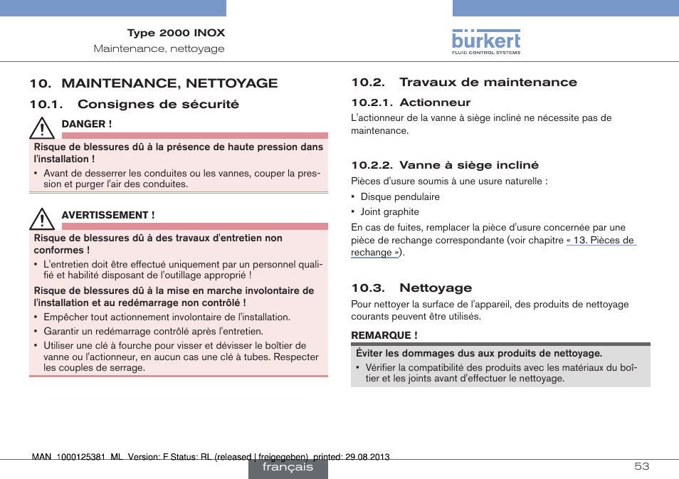 Maintenance, nettoyage | Burkert Type 2000 User Manual | Page 53 / 62