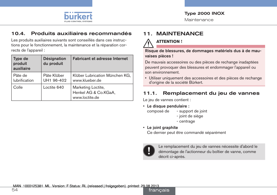 Produits auxiliaires recommandés, Maintenance, Remplacement du jeu de vannes | Burkert Type 2000 User Manual | Page 54 / 62