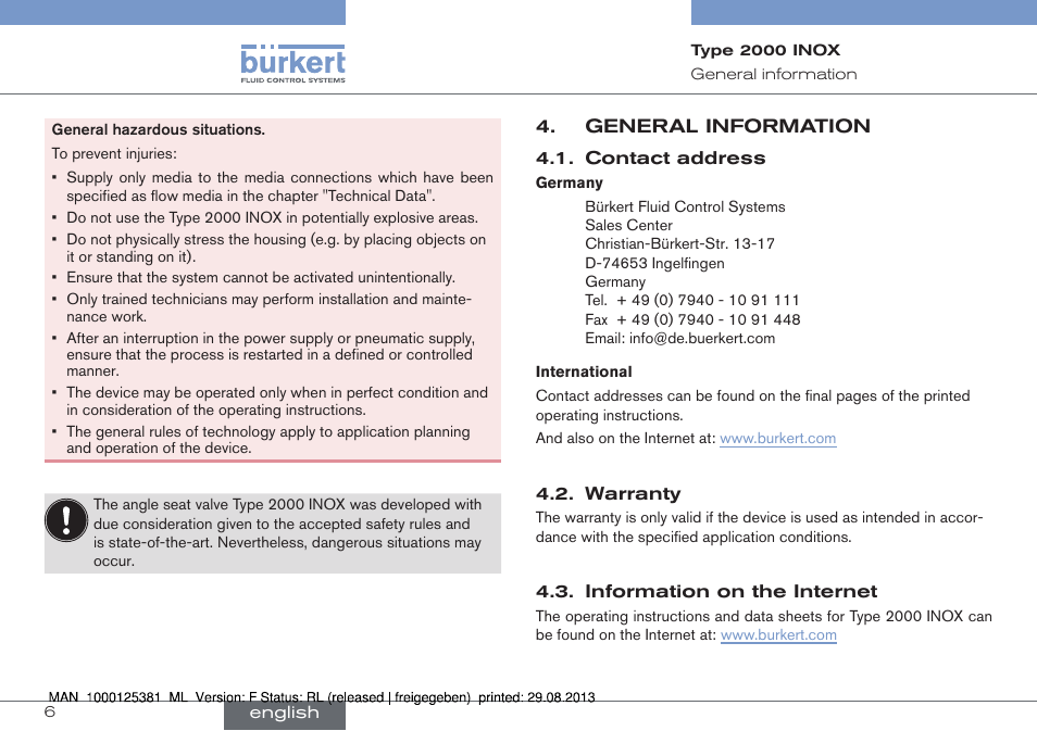 General information | Burkert Type 2000 User Manual | Page 6 / 62