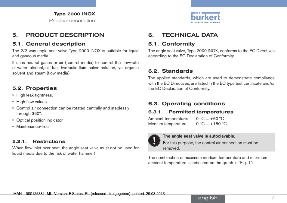 Product description, General description 5.2. properties, Technical data | Burkert Type 2000 User Manual | Page 7 / 62