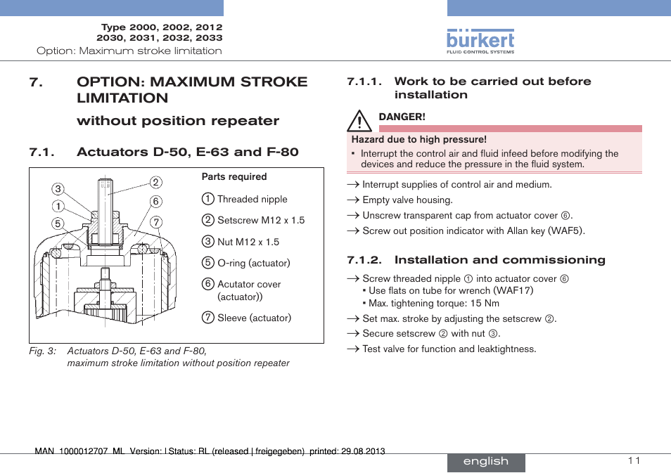 Option: maximum stroke limitation, Actuators d-50, e-63 and f-80 | Burkert Type 2033 User Manual | Page 11 / 88