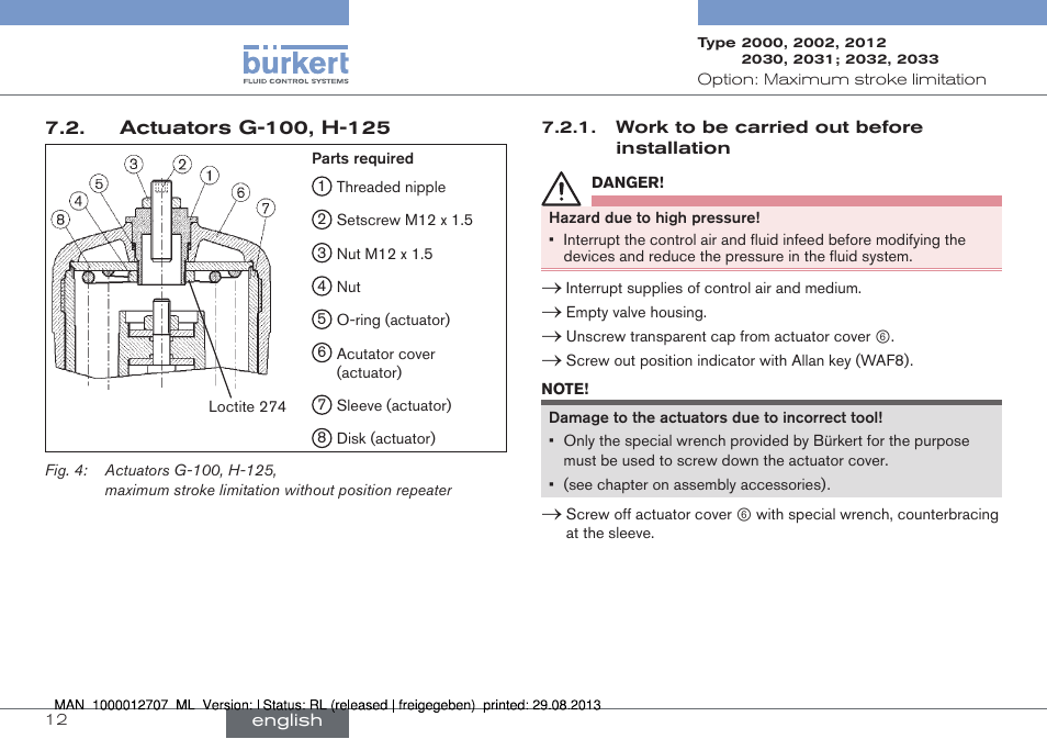 Actuators g-100, h-125 | Burkert Type 2033 User Manual | Page 12 / 88