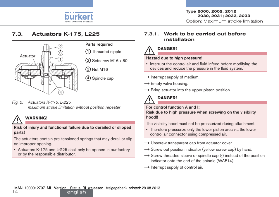 Actuators k-175, l225 | Burkert Type 2033 User Manual | Page 14 / 88